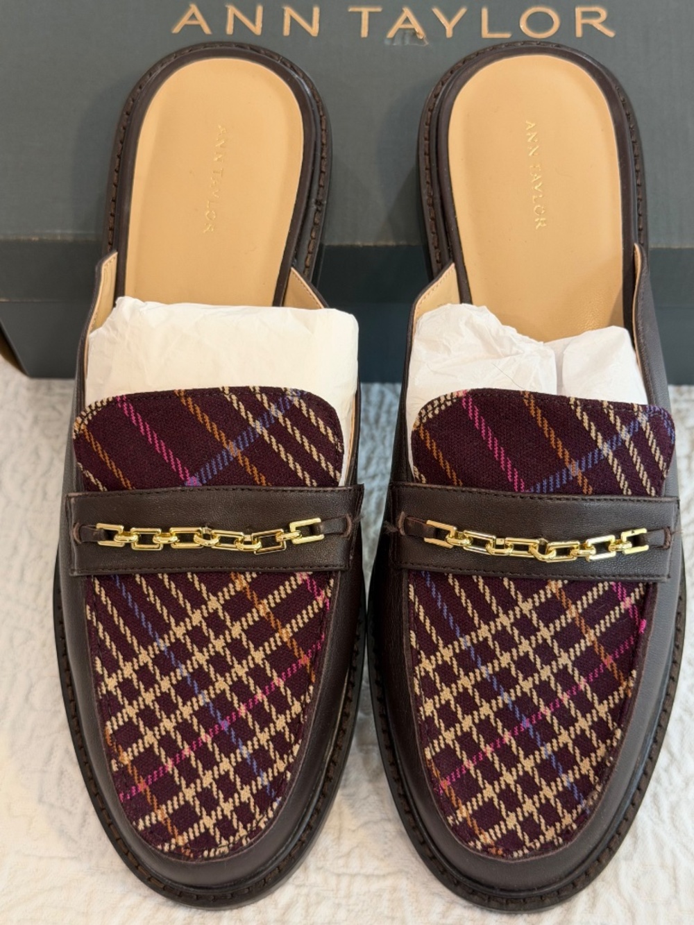 ANN TAYLOR Alessia Chain Plaid & Chocolate Leather Loafer Slide